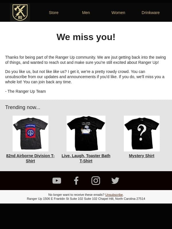 We miss you! email from Ranger Up