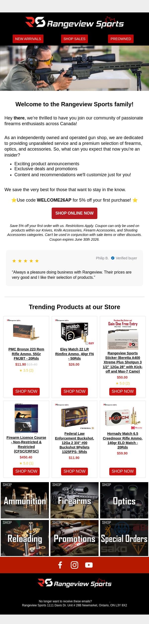 ⭐ Welcome! Here's your coupon to save on your first order. ⭐ email from Rangeview Sports screenshot