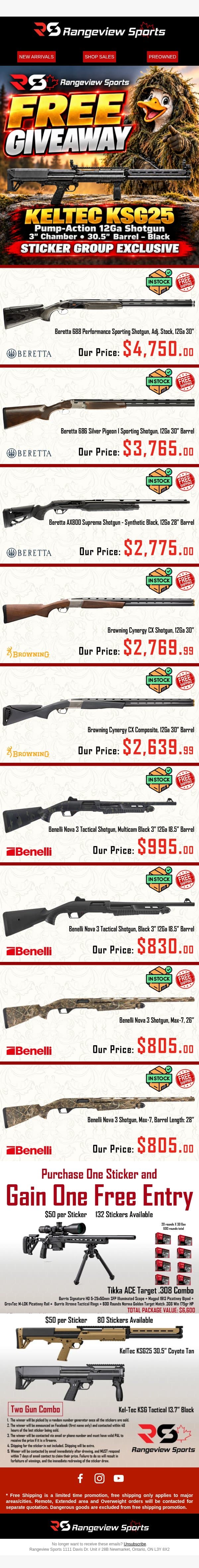 🔥 In stock: Beretta 686/688, Benelli Nova, Browning Cynergy & AX800! email from Rangeview Sports screenshot