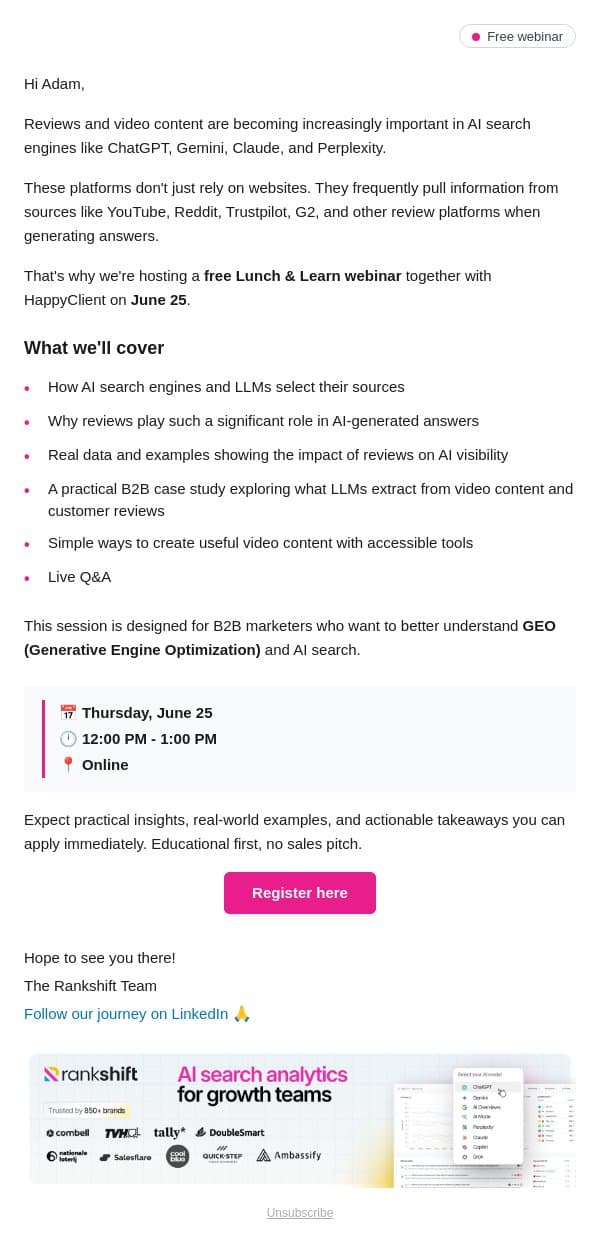 Free Webinar: Impact of (video) reviews on AI Search email from Rankshift AI screenshot