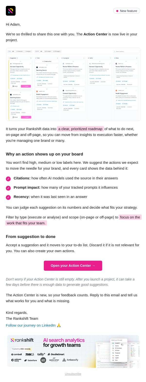 Rankshift just launched Actions 🚢 email from Rankshift AI screenshot