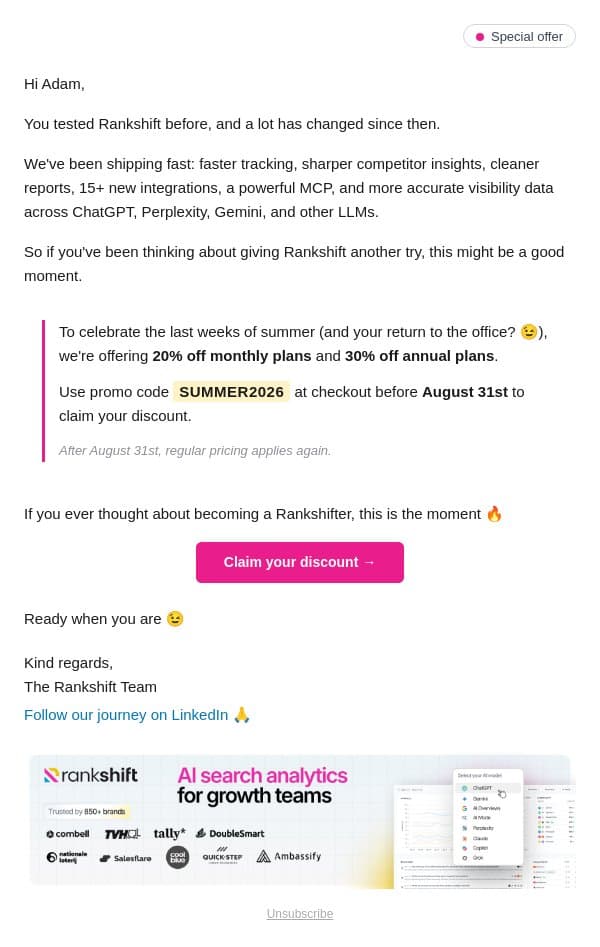 End Of Summer: 30% off to help you get ahead in AI search email from Rankshift AI screenshot