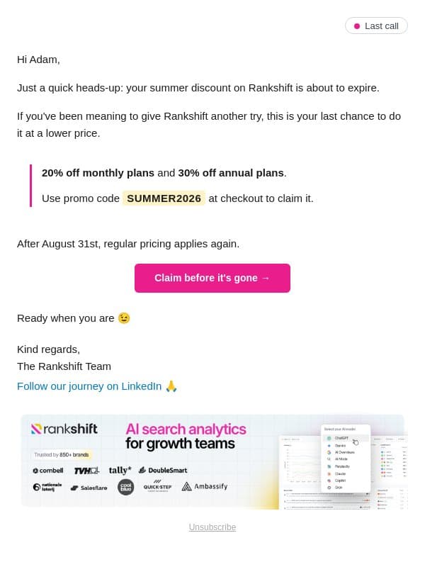 Last Call: 20% off monthly, 30% off annual with SUMMER2026 email from Rankshift AI screenshot