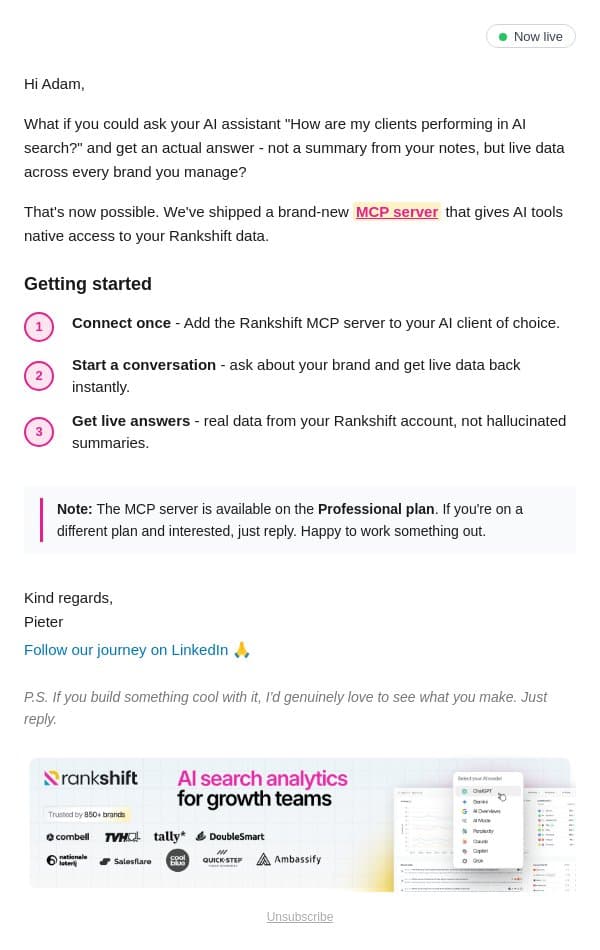 Rankshift MCP is live 🚀 email from Rankshift AI screenshot