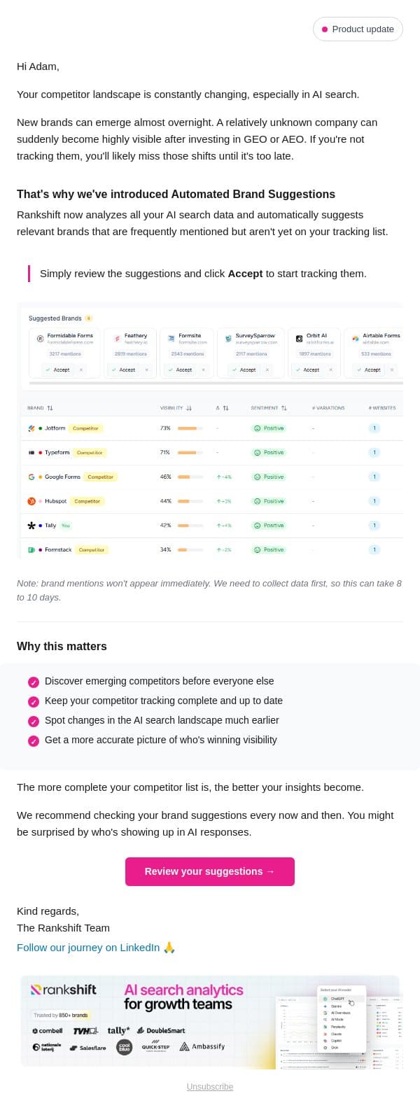 Never miss an emerging competitor again email from Rankshift AI screenshot