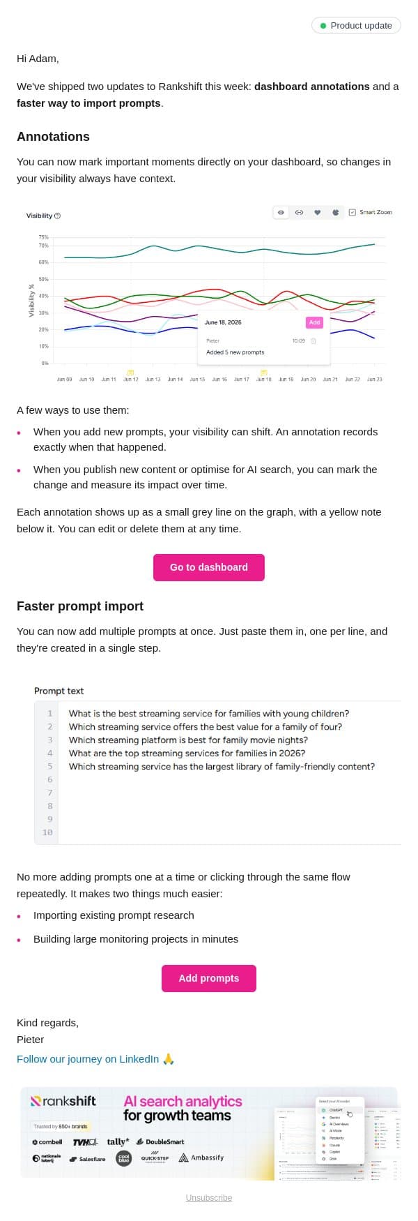 New: Annotations + Faster Prompt Import email from Rankshift AI screenshot