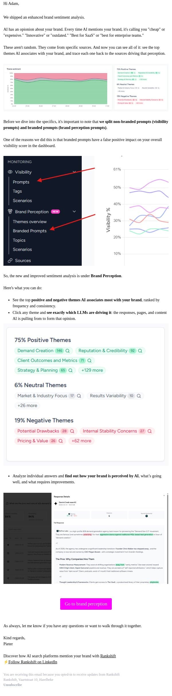 Is AI talking positive or negative about your brand? email from Rankshift AI screenshot