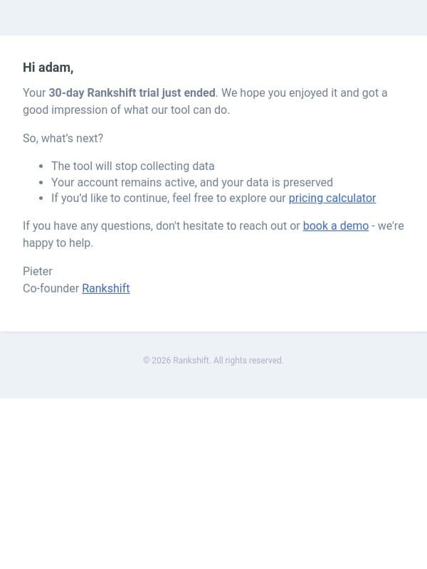 Hope You Enjoyed Rankshift! Ready to Continue? email from Rankshift AI screenshot