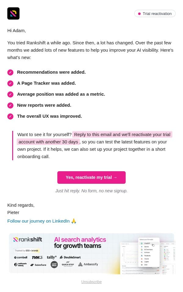 Can I reactivate your Rankshift trial? email from Rankshift AI screenshot
