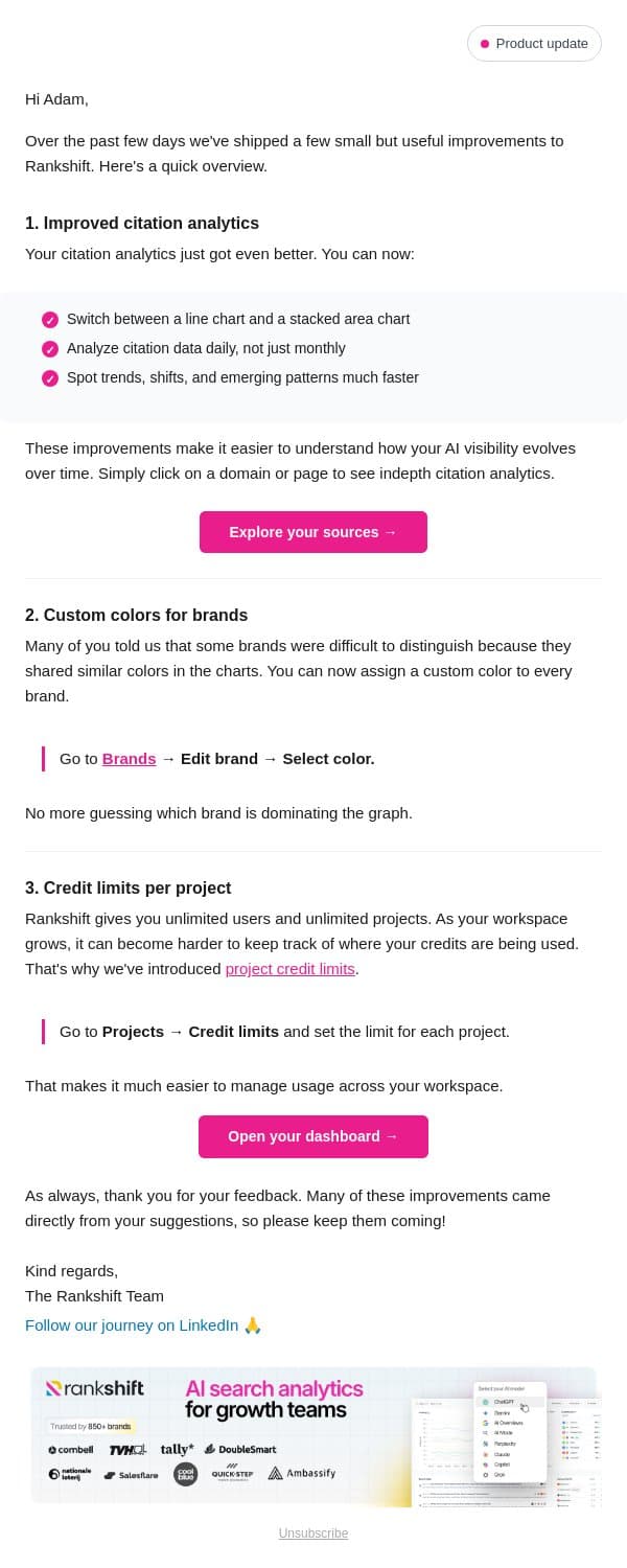 We've shipped 3 new improvements email from Rankshift AI screenshot