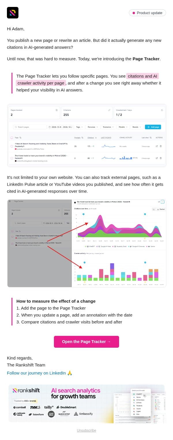 The Page Tracker is live 🚢 email from Rankshift AI screenshot