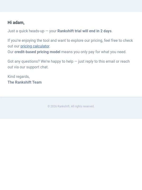 Your Rankshift trial ends in 2 days email from Rankshift AI screenshot