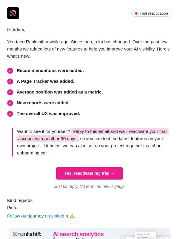 Can I reactivate your Rankshift trial? email from Rankshift AI