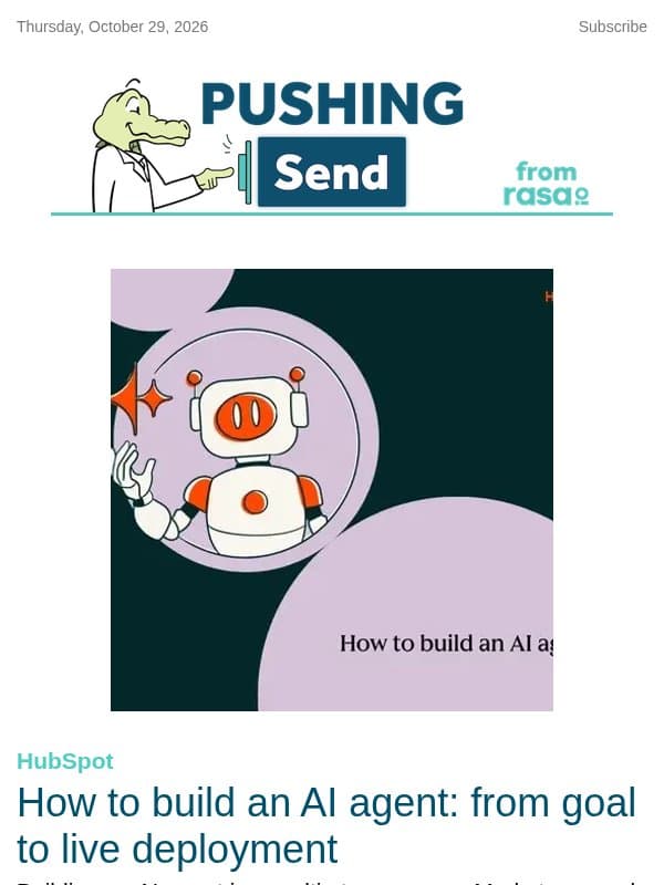 How to build an AI agent: from goal to live deployment | rasa.io email from Rasa.io