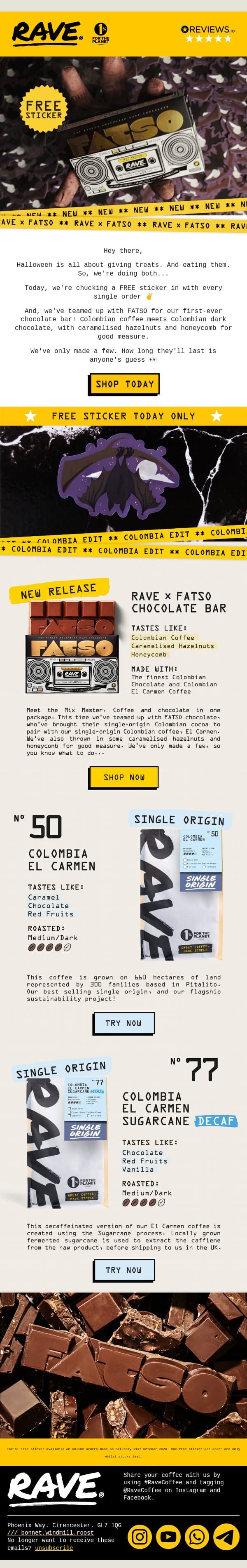 FREE Sticker 🤝 Chocolate 🤝 Coffee email from Rave Coffee screenshot