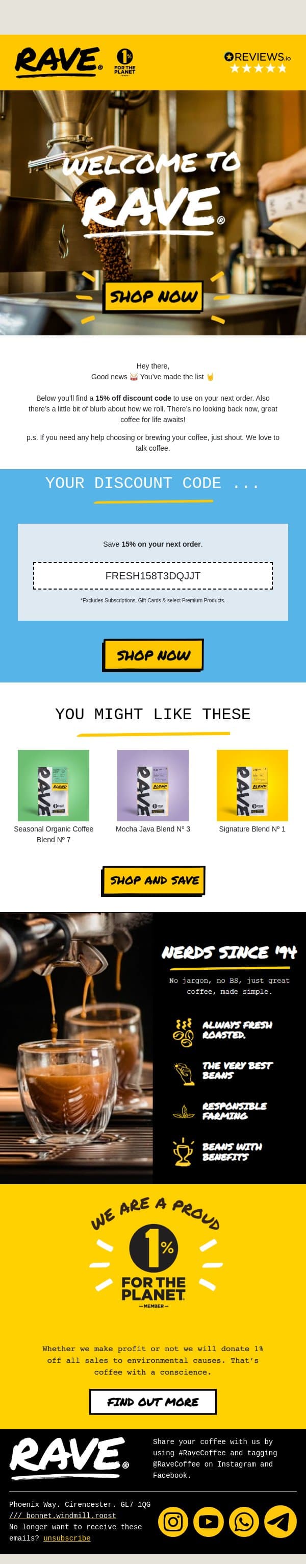 🙌 Welcome to Rave! email from Rave Coffee screenshot