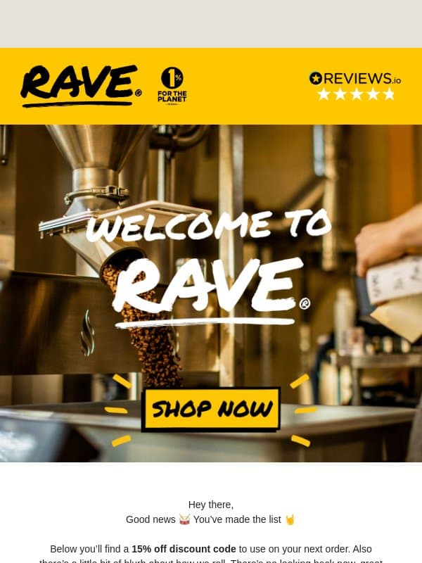 🙌 Welcome to Rave! email from Rave Coffee