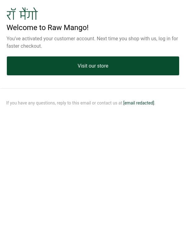 Customer account confirmation email from Raw Mango screenshot
