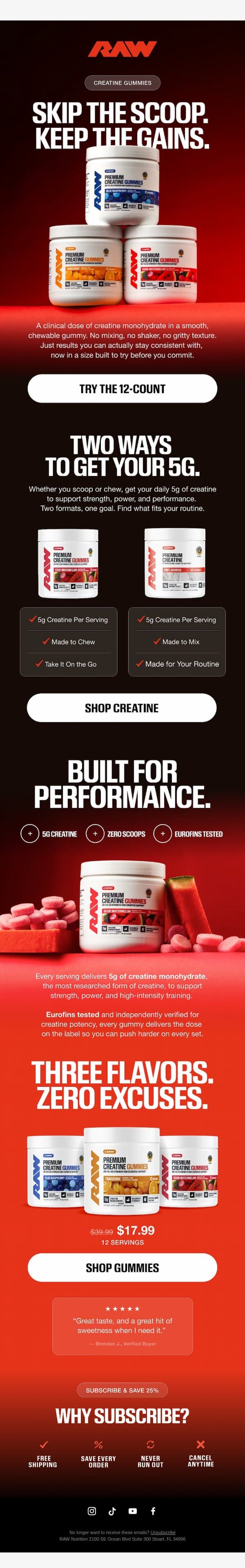 5g creatine. Zero scoops. Just chew. email from RAW Nutrition screenshot