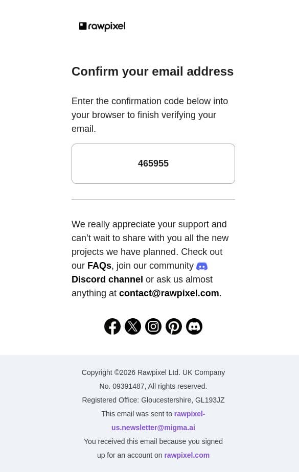 Your rawpixel confirmation code is 465955 email from Rawpixel screenshot