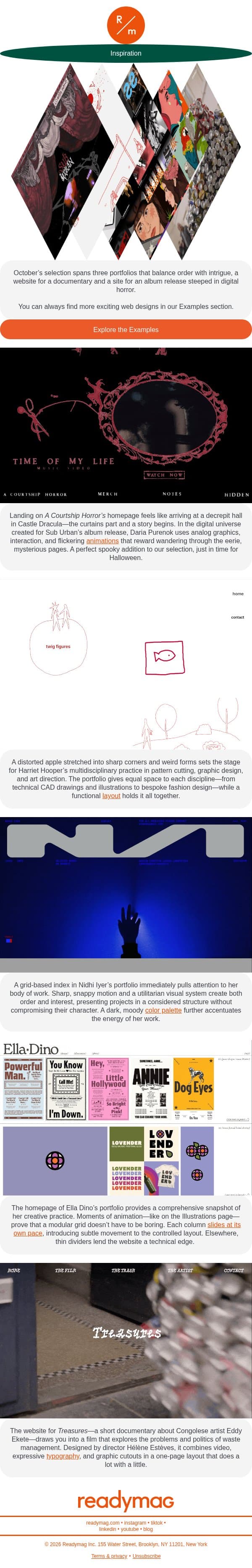 Distinctive portfolios and websites full of surprises email from Readymag screenshot