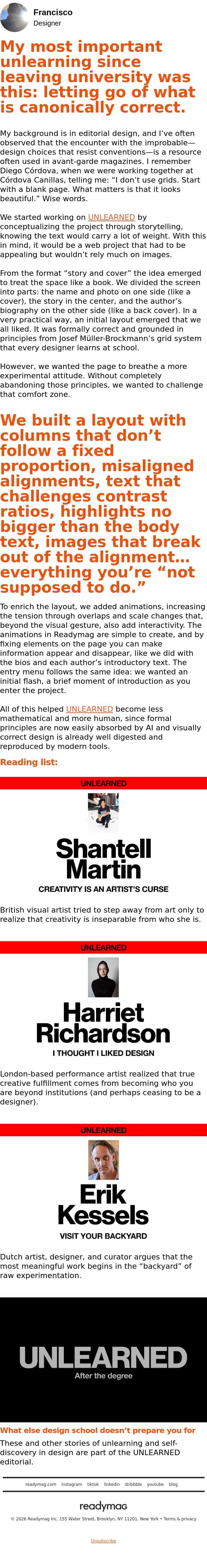 Unlearning correctness email from Readymag screenshot