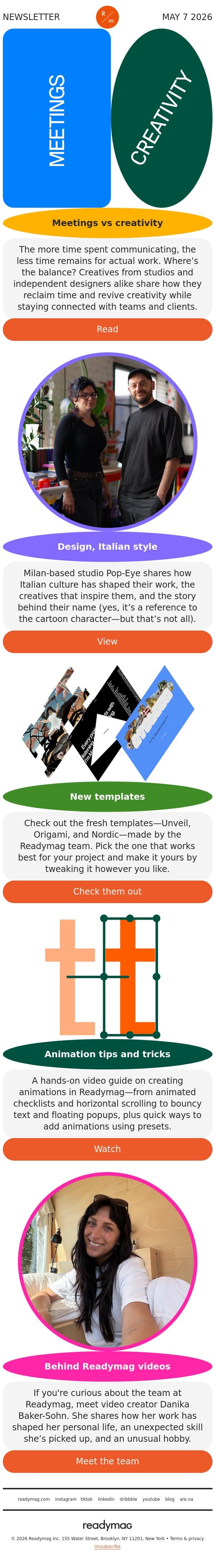Fresh templates, design insights, and interviews with the users and the team email from Readymag screenshot