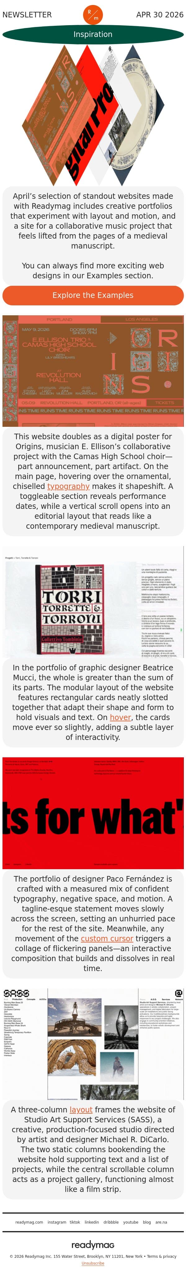 Portfolios and a site as a digital poster email from Readymag screenshot