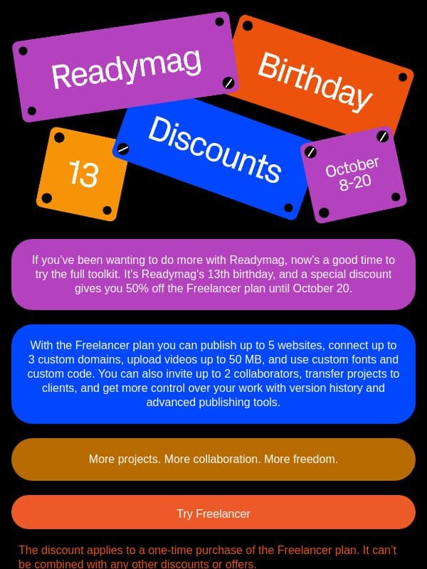 Try Readymag with 50% off email from Readymag