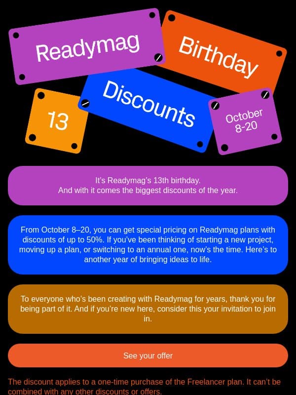 Up to 50% off for Readymag’s birthday email from Readymag