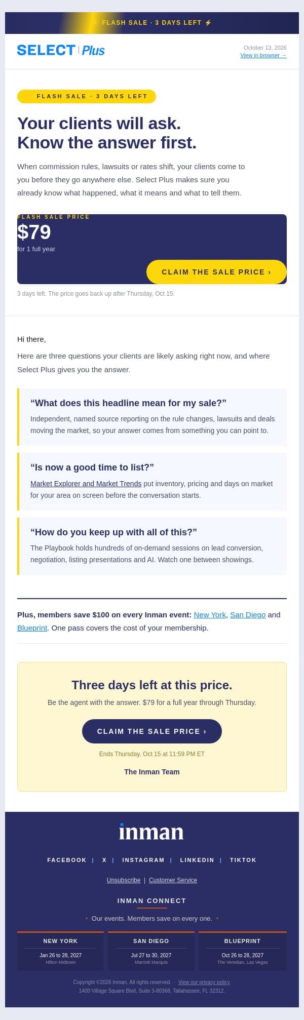 ⚡ FLASH SALE - $79 for the year email from Real Estate Connect screenshot