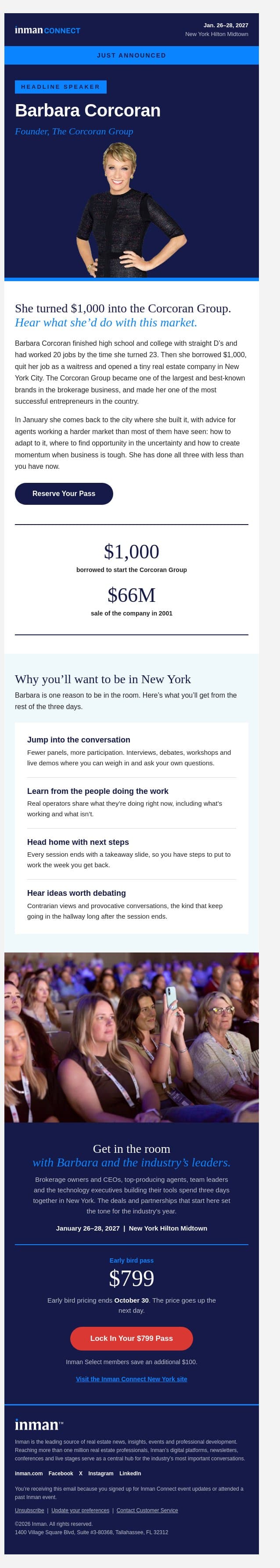 Just announced: Barbara Corcoran at Inman Connect NY email from Real Estate Connect screenshot