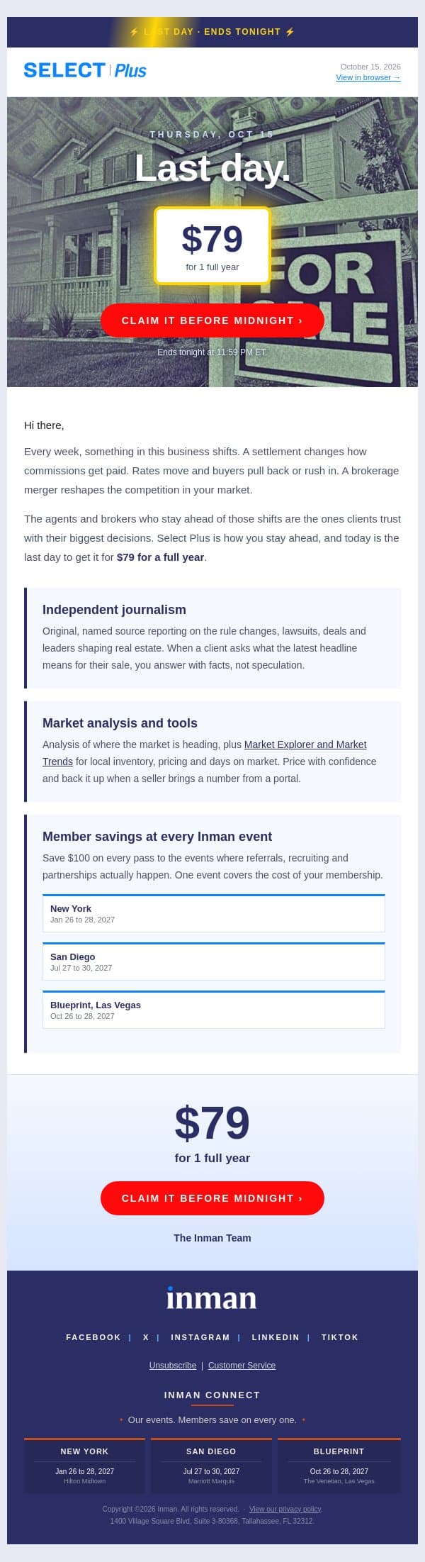 ⚡ Last day - $79 for the year email from Real Estate Connect screenshot