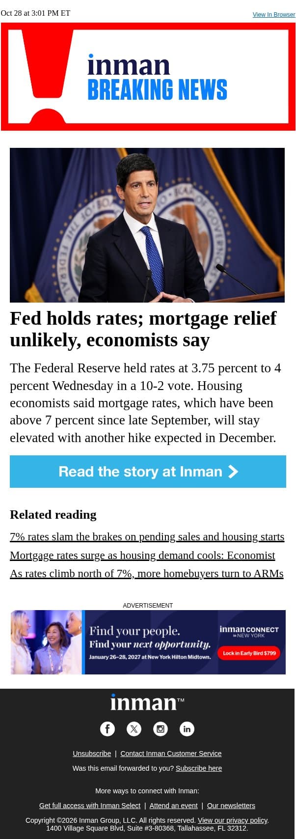 Fed holds rates; mortgage relief unlikely, economists say email from Real Estate Connect screenshot