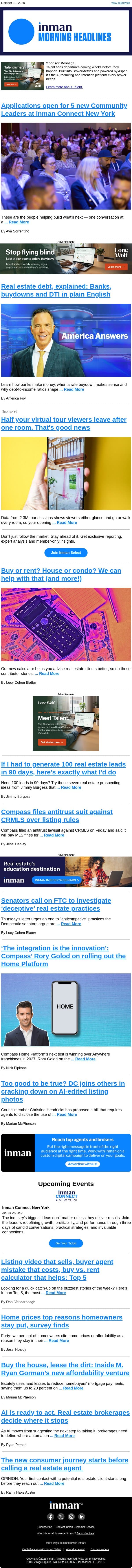 Applications open for 5 new Community Leaders at Inman Connect New York email from Real Estate Connect screenshot