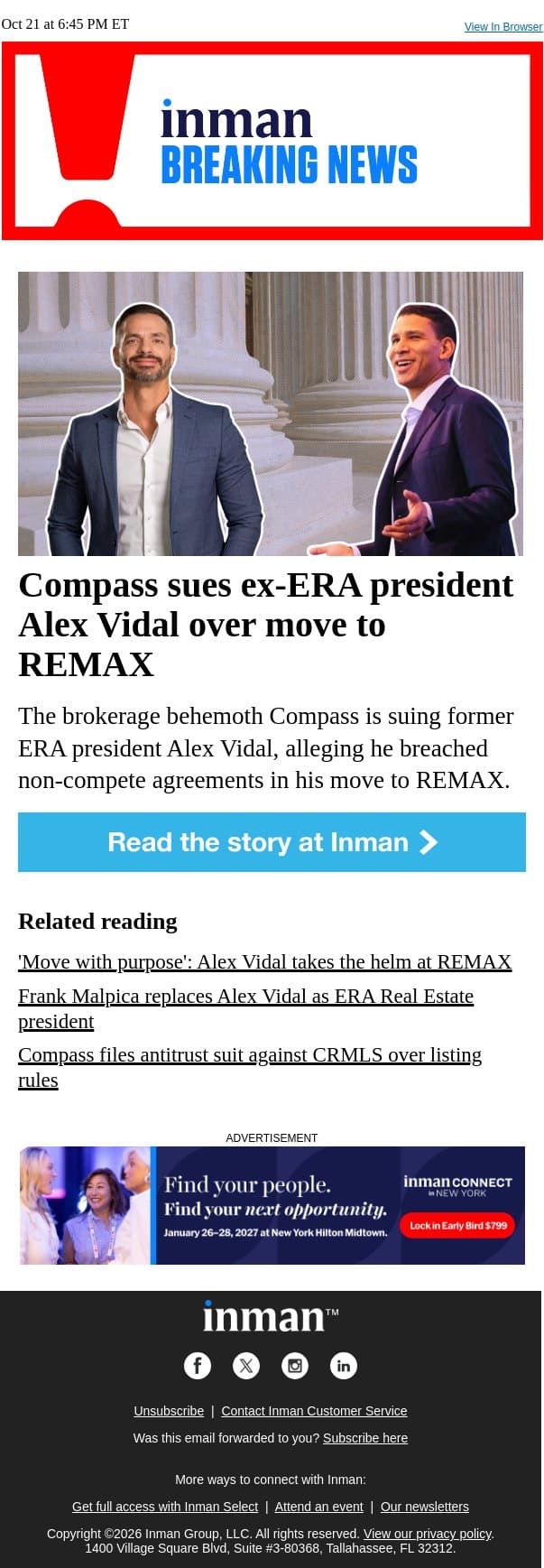 BREAKING: Compass sues ex-ERA president Alex Vidal over move to REMAX email from Real Estate Connect screenshot