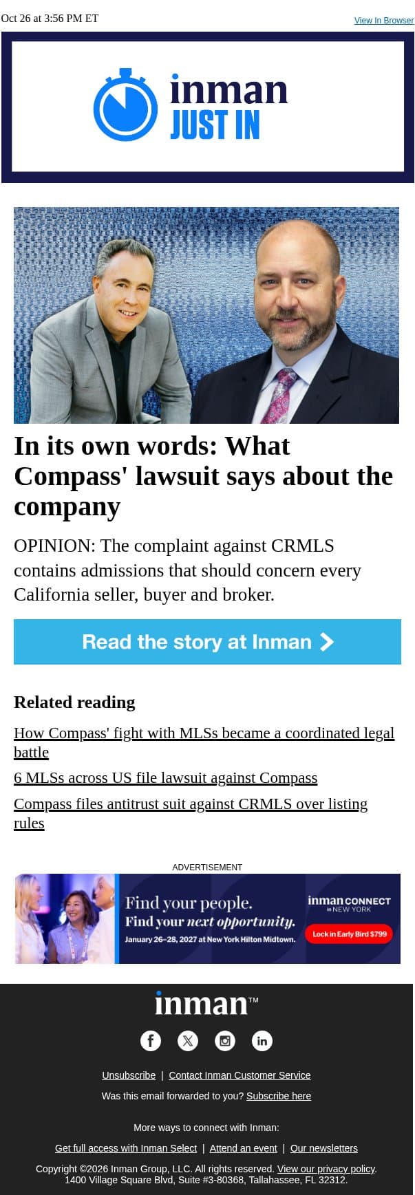 OPINION: What Compass' lawsuit says about the company email from Real Estate Connect screenshot