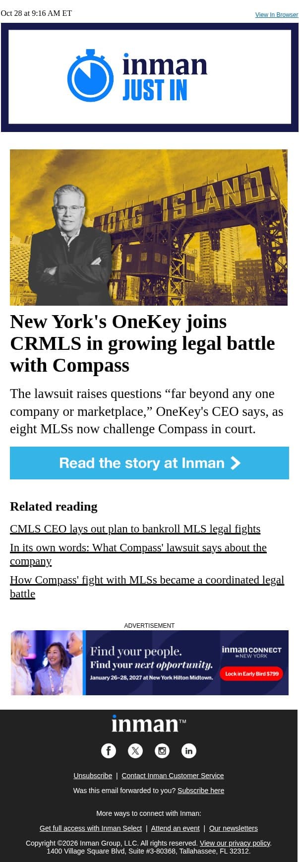 New York's OneKey joins CRMLS in growing legal battle with Compass email from Real Estate Connect screenshot