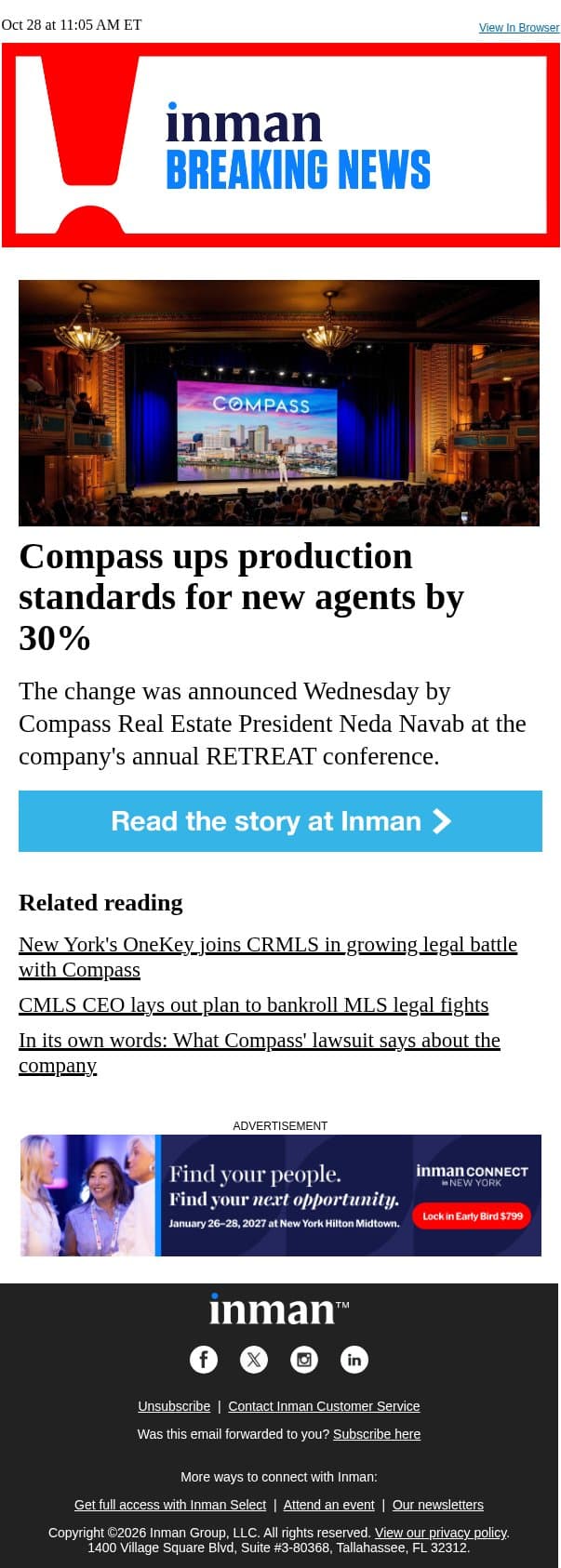 Compass ups production standards for new agents by 30% email from Real Estate Connect screenshot