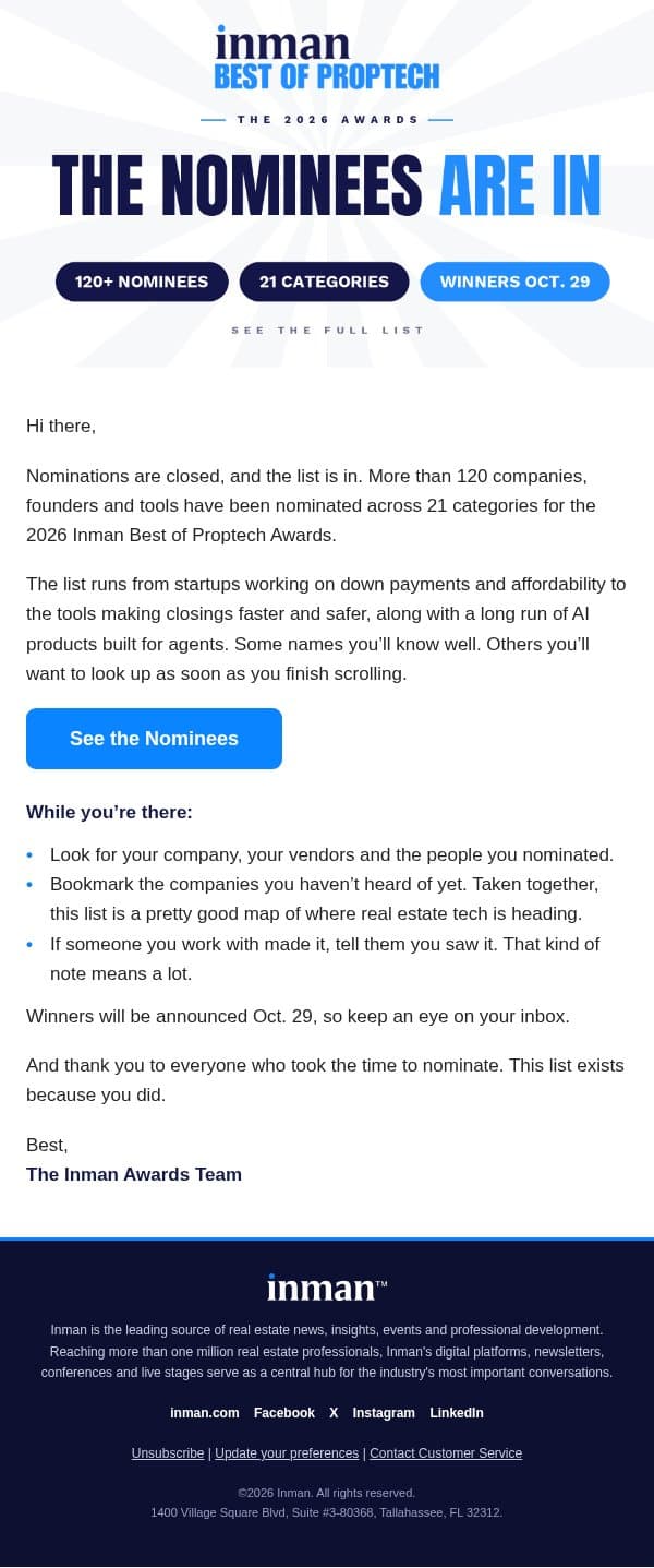 The 2026 Best of Proptech nominees are here email from Real Estate Connect screenshot