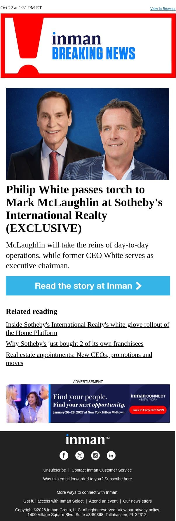 Philip White passes torch to Mark McLaughlin at Sotheby's International Realty (EXCLUSIVE) email from Real Estate Connect screenshot