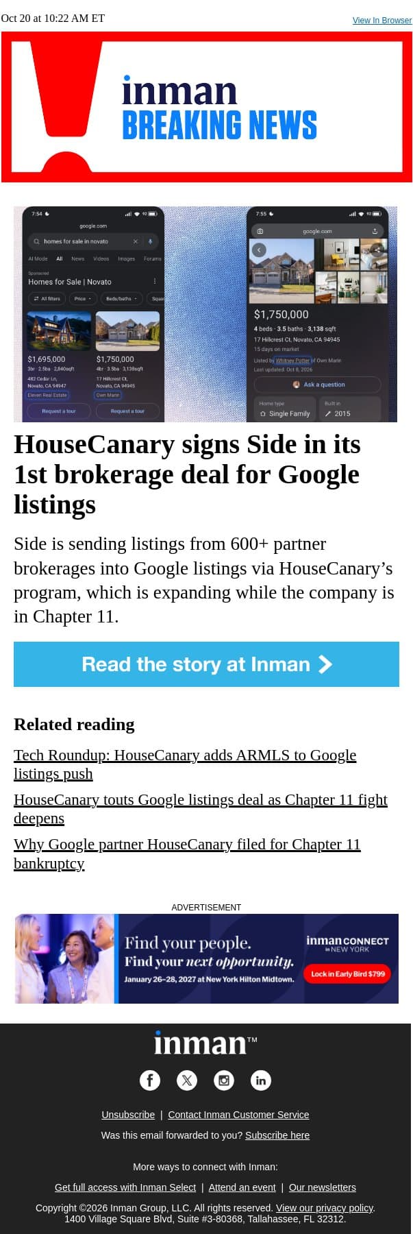 HouseCanary signs Side in 1st brokerage deal for Google listings email from Real Estate Connect screenshot