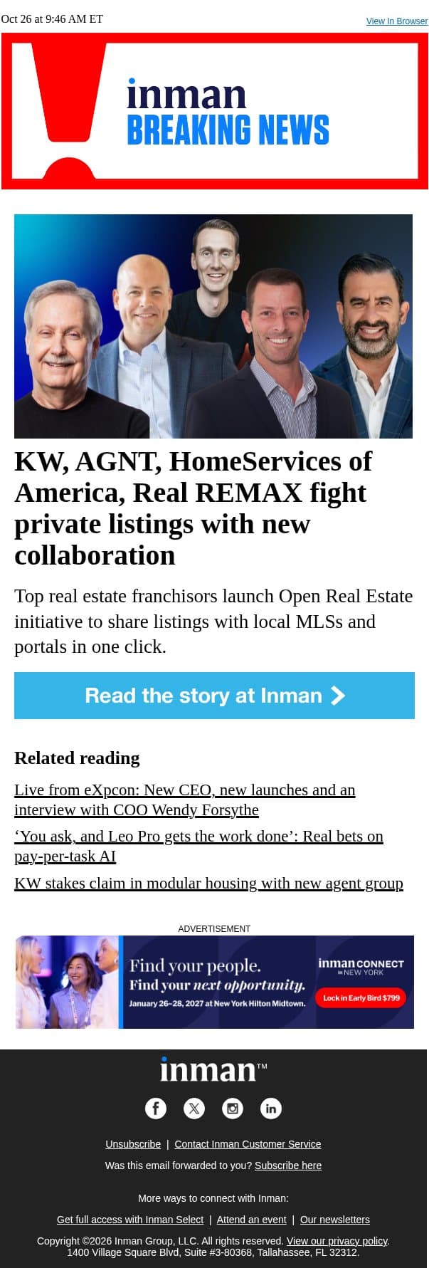 KW, AGNT, HomeServices of America, Real REMAX fight private listings with new collaboration email from Real Estate Connect screenshot