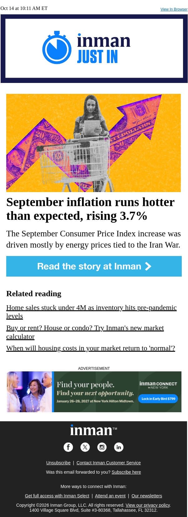 September inflation runs hotter than expected, rising 3.7% email from Real Estate Connect screenshot