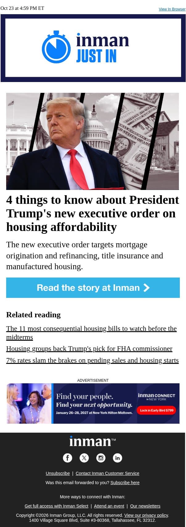 Trump's new executive order on housing affordability: 4 things to know email from Real Estate Connect screenshot