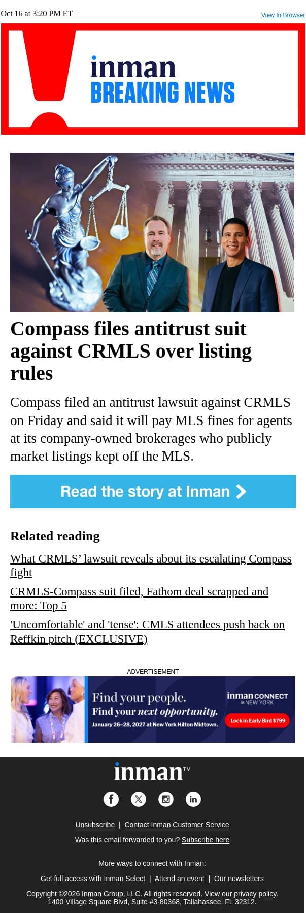 BREAKING: Compass files antitrust suit against CRMLS over listing rules email from Real Estate Connect screenshot
