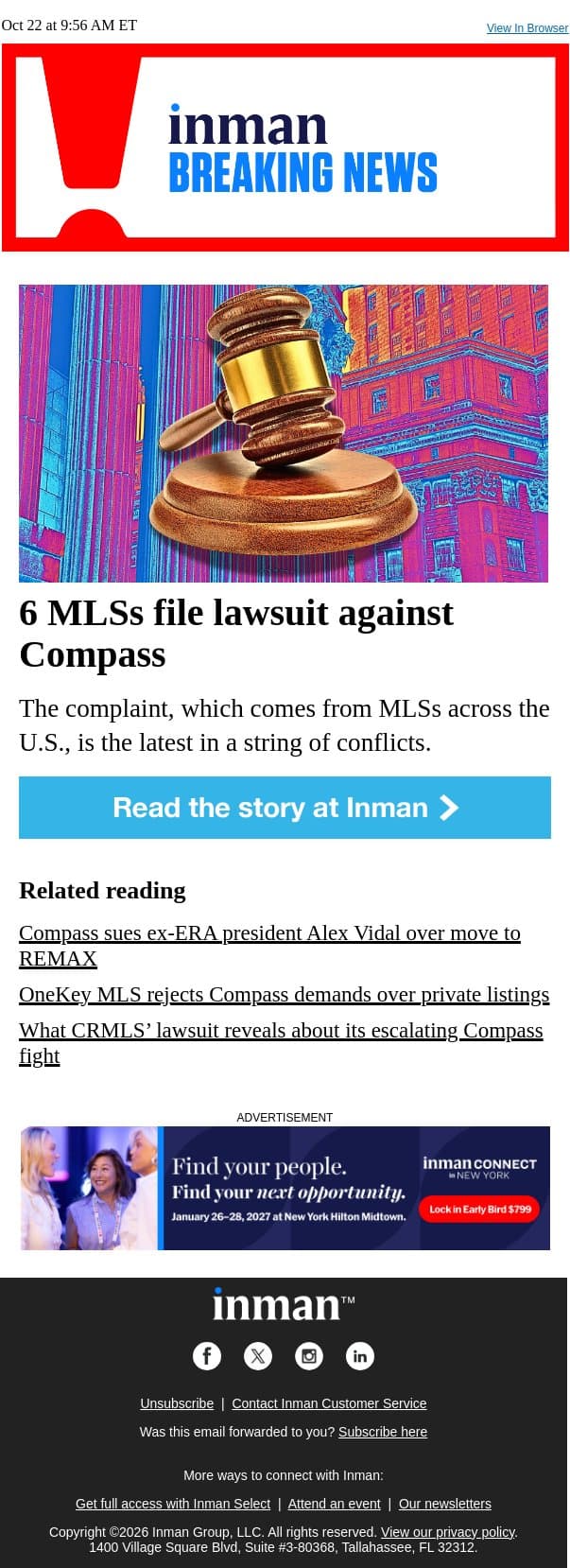 6 MLSs file lawsuit against Compass email from Real Estate Connect screenshot