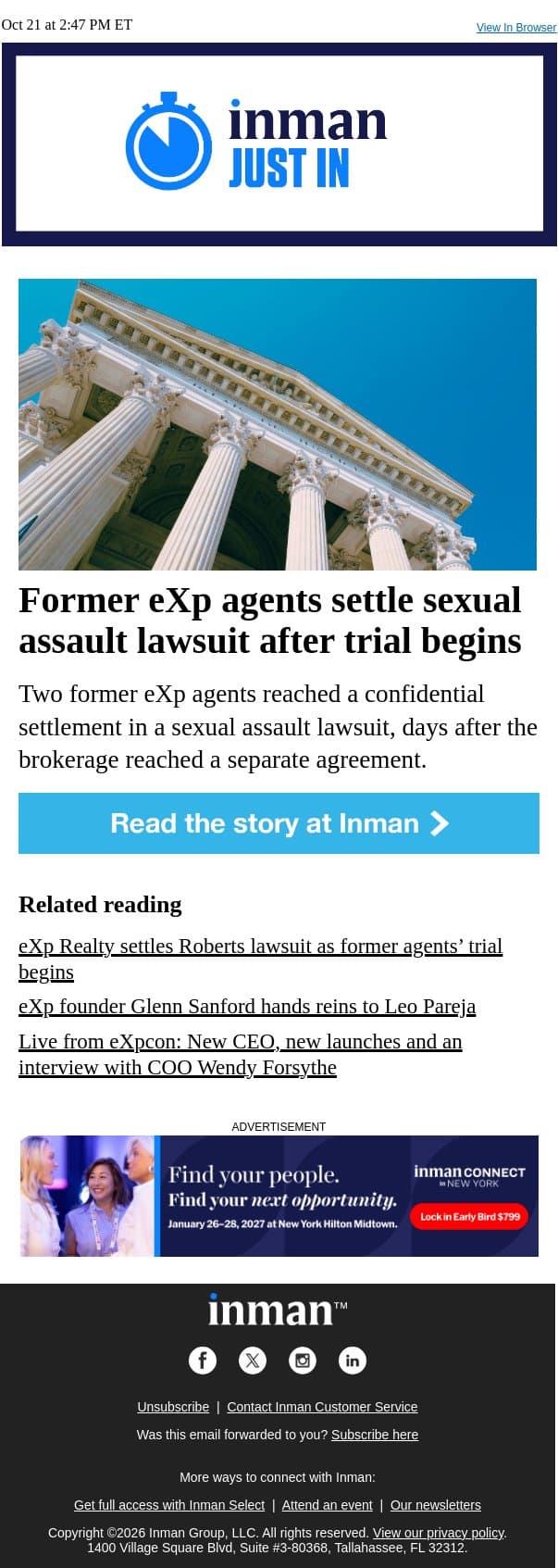 Former eXp agents settle sexual assault lawsuit after trial begins email from Real Estate Connect screenshot