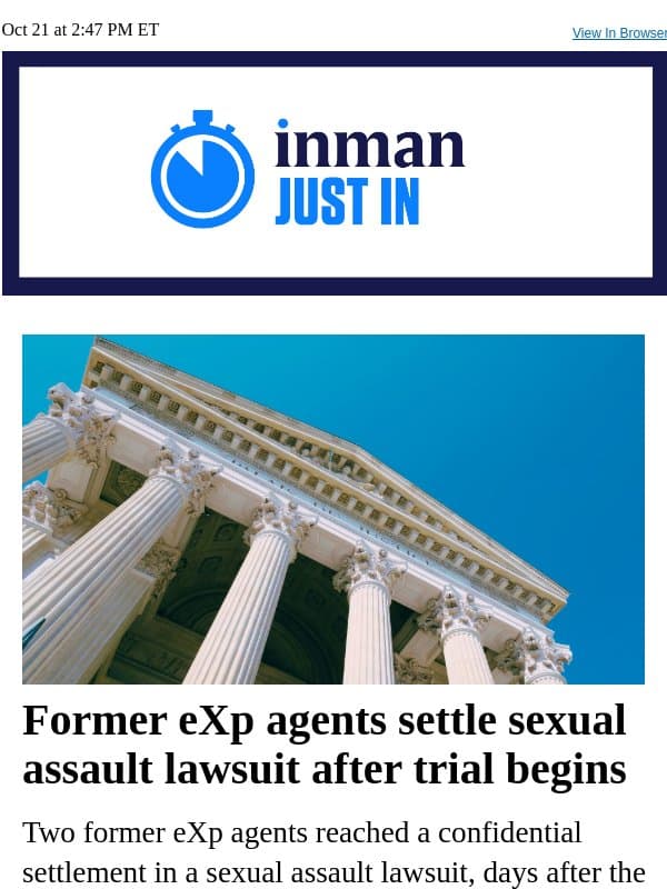Former eXp agents settle sexual assault lawsuit after trial begins email from Real Estate Connect