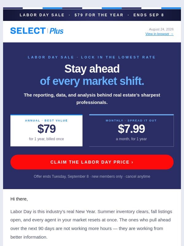 Labor Day Sale Offer for Select Plus email from Real Estate Connect